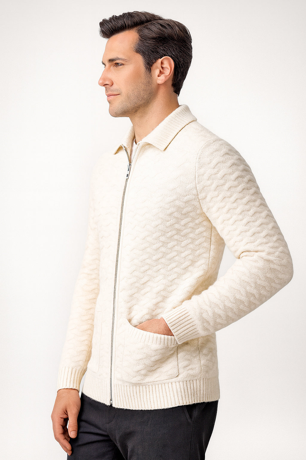 Maglione con cerniera  in calda e morbida lana misto alpaca - Maglia da uomo inverale  in tinta unita con zip - Lavorazione artigianale e Made in Italy