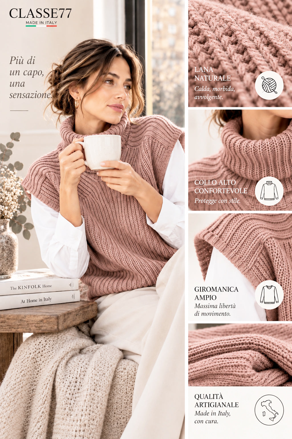 Smanicato Donna in Lana Made in Italy, Stile in Maglia Inglese con Collo Alto, Gilet Donna Invernale in Lana, Taglia Unica