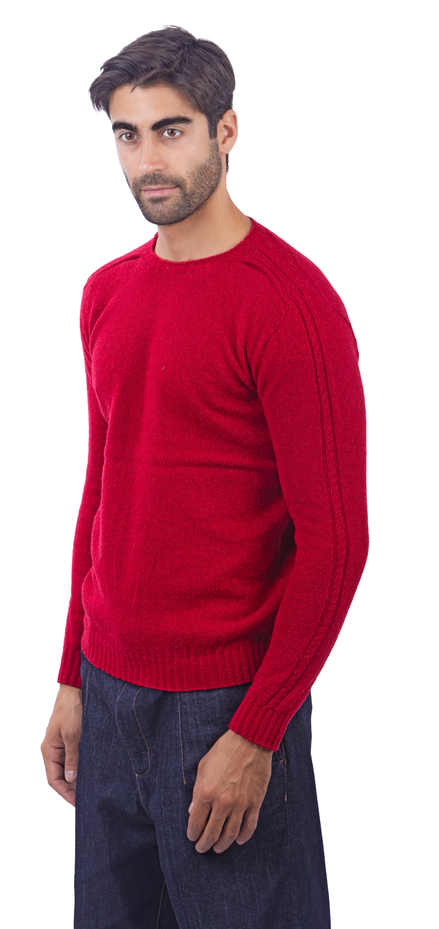 Maglione Girocollo in Calda e Morbida Lana - Maglia da Uomo in Tinta Unita con Fantasia a Treccia - Made in Italy