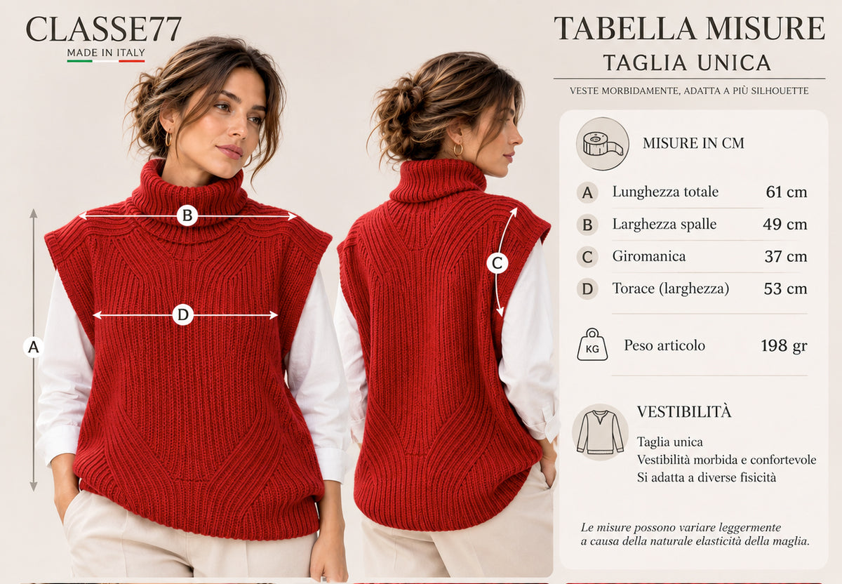 Smanicato Donna in Lana Made in Italy, Stile in Maglia Inglese con Collo Alto, Gilet Donna Invernale in Lana, Taglia Unica