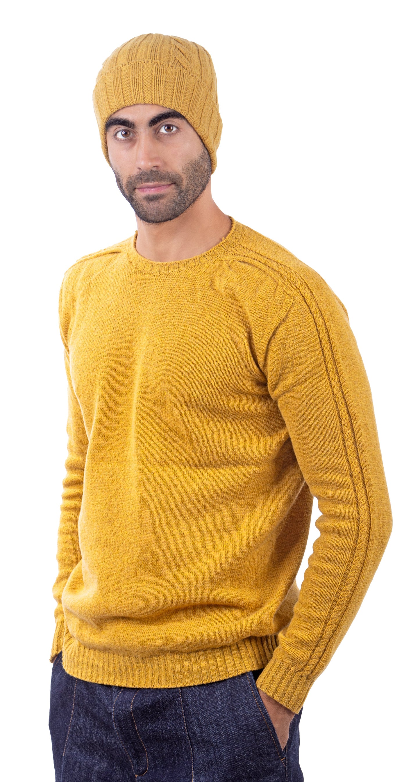 Maglione Girocollo in Calda e Morbida Lana - Maglia da Uomo in Tinta Unita con Fantasia a Treccia - Made in Italy