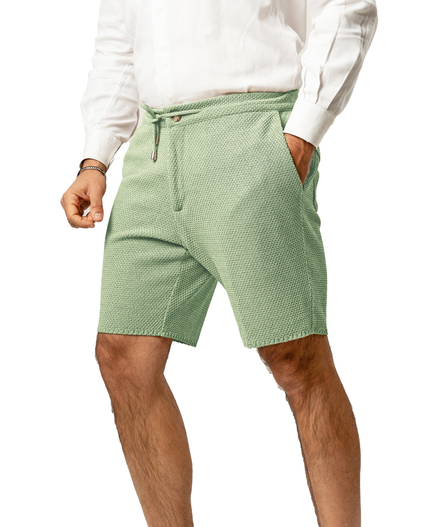 Bermuda Pantaloni Corti da Uomo sartoriali in Cotone - Modello fantaasia Chicco di Riso a Tinta Unita - Elastico con Laccio in Vita - Made in Italy