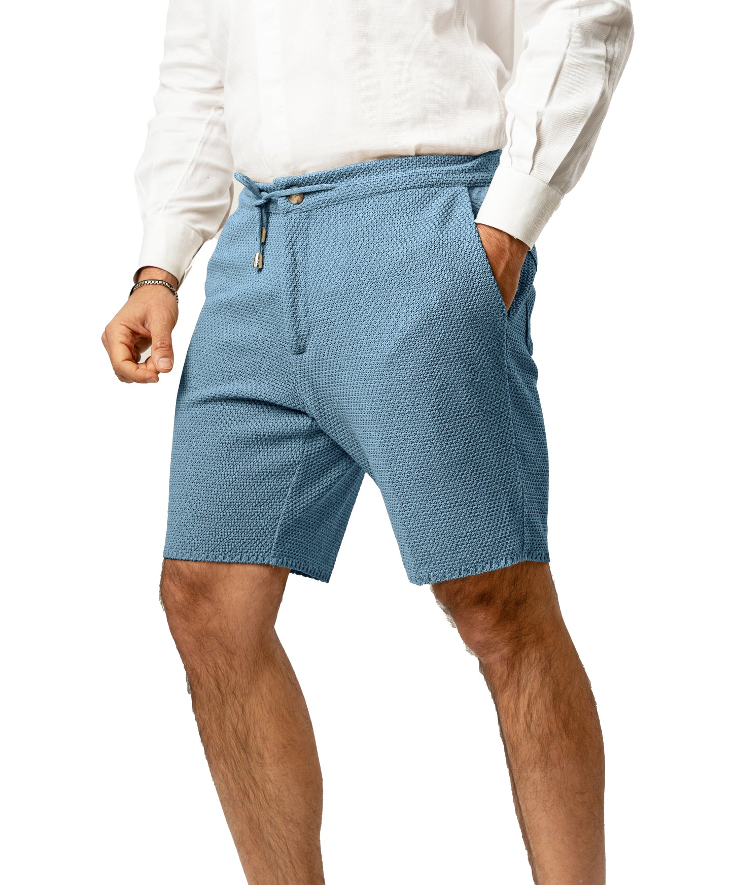 Bermuda Pantaloni Corti da Uomo sartoriali in Cotone - Modello fantaasia Chicco di Riso a Tinta Unita - Elastico con Laccio in Vita - Made in Italy